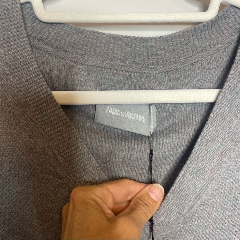 ZADIG & VOLTAIRE Brumy V-Neck Sweater Slub Cotton Gray Size Small - Picture 10 of 12